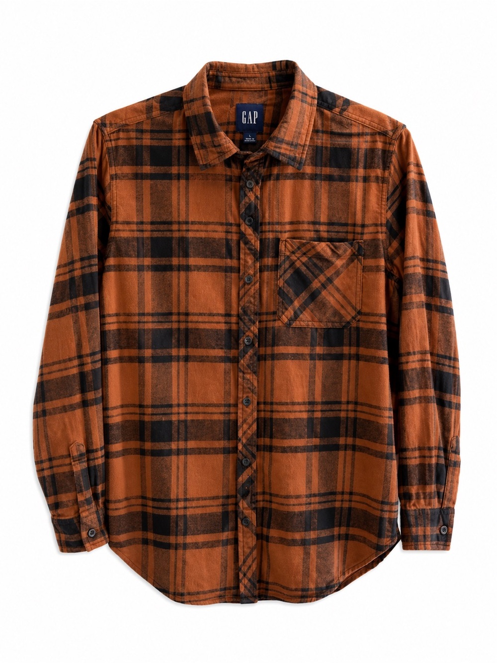 GAP Women Flannel Button Down Shirt Plaid Orange Black Size Large